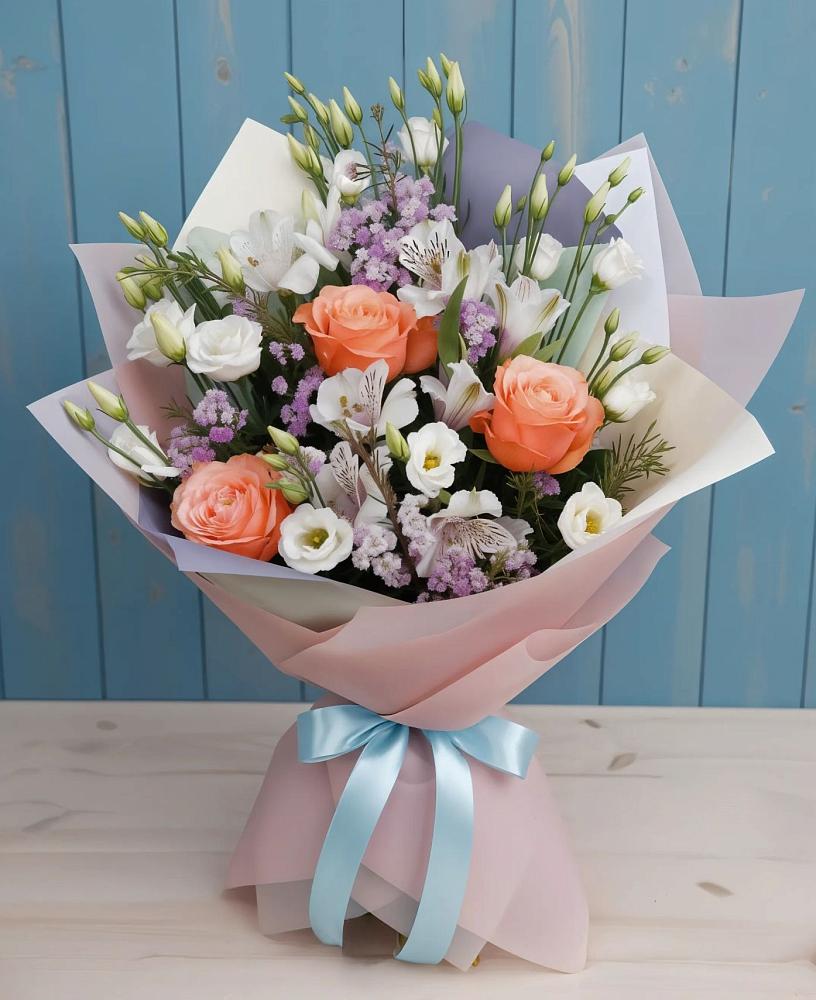 Букет цветов из: Лизиантусы, Розы, Альстромерии и Гипсофила в Солдатской