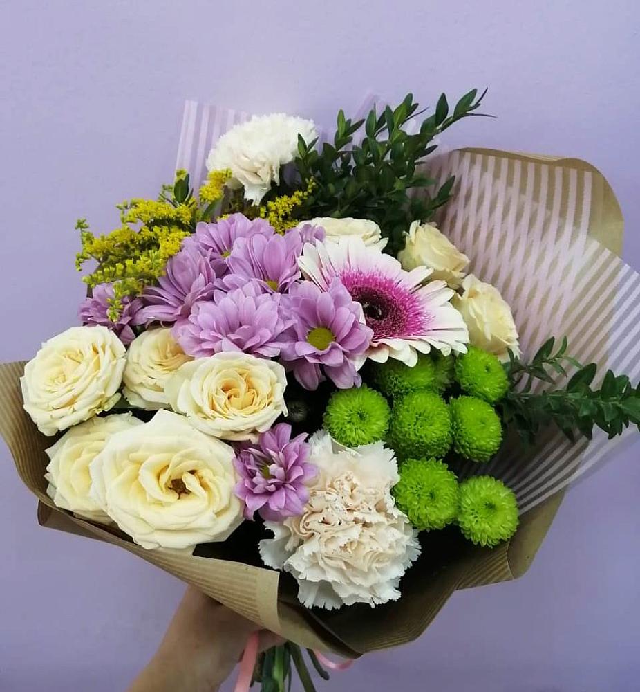 Букет цветов из: Хризантемы, Розы, Гвоздики и Герберы в Солдатской