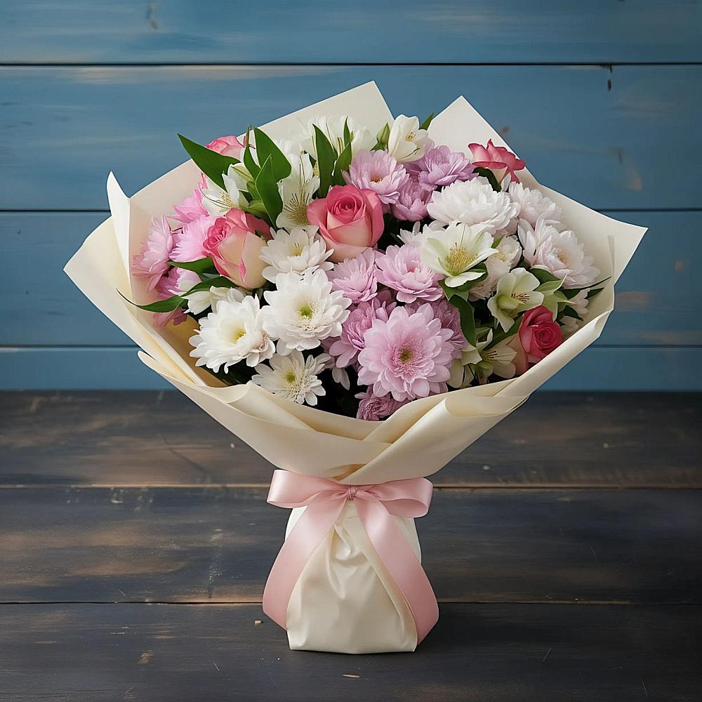 Букет цветов из: Хризантемы, Альстромерии и Розы в Солдатской